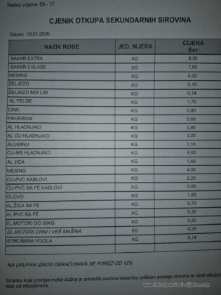 Evo koliko danas eura možete dobiti za bakar, mesing , željezo, olovo, stara vozila… CJENIK OTKUPA (2026.)