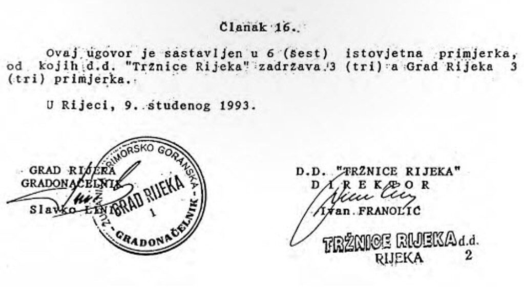 9.11.1993. Tržnice Rijeka ugovor Grad Rijeka Slavko Linić Ivan Franolić