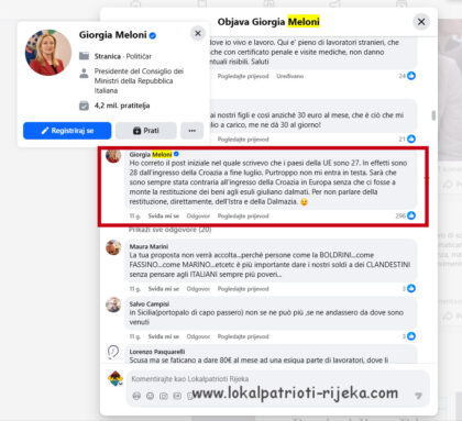 Giorgia Meloni premijerka Italije izjavila je da oduvijek bila protiv ulaska Hrvatske u EU i traži povrat Istre i Dalmacije