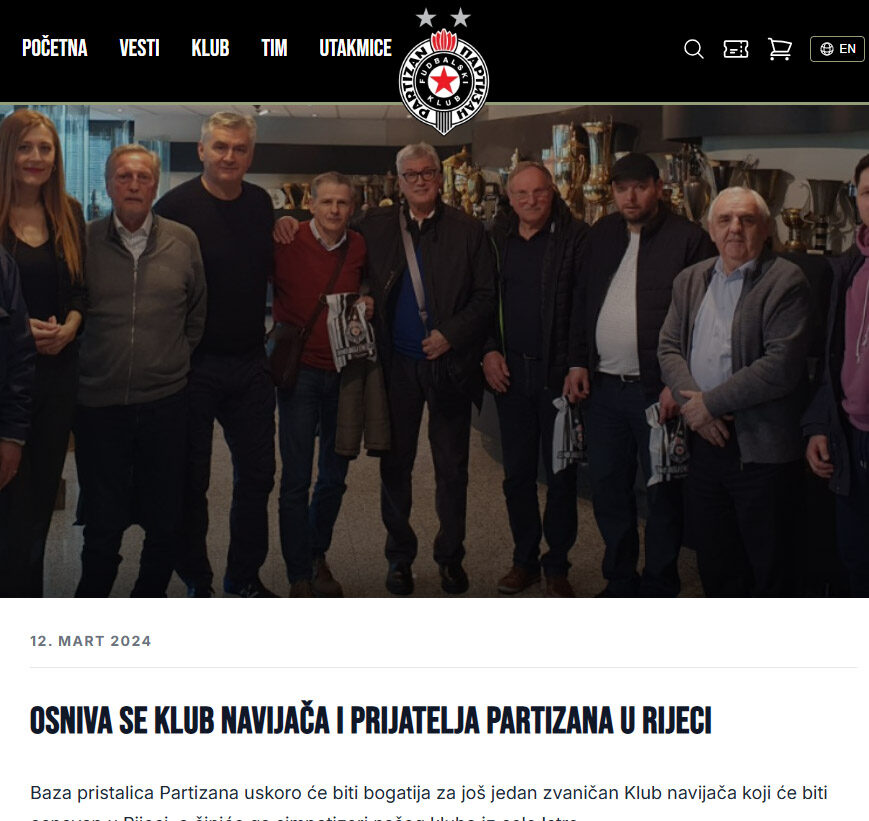 Objava o osnivanju Kluba navijača i prijatelja Partizana Rijeka FK Partizan